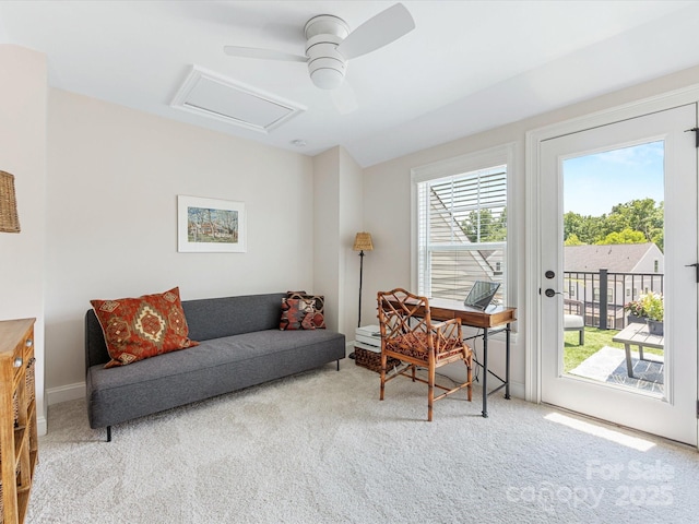 5018 Harrowsmith Ln, Charlotte, NC 28204 - living room featuring carpet floors, healthy amount of natural light, attic access, and a ceiling fan