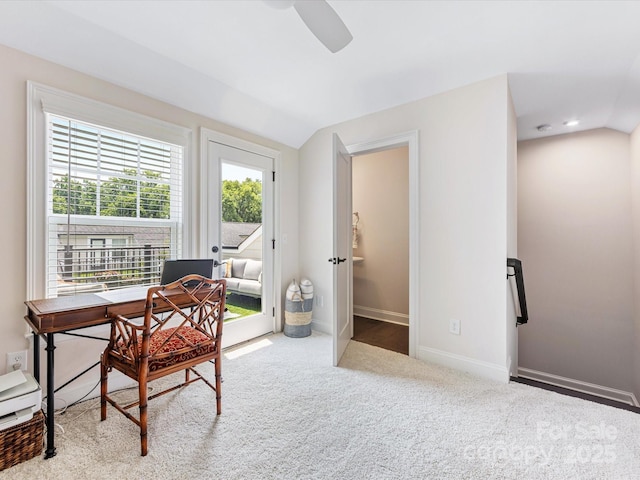 5018 Harrowsmith Ln, Charlotte, NC 28204 - carpeted office with lofted ceiling, ceiling fan, and recessed lighting