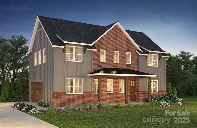 909 Coast Dr, Tega Cay, SC 29708 - view of front facade with an attached garage, board and batten siding, brick siding, concrete driveway, and a front yard