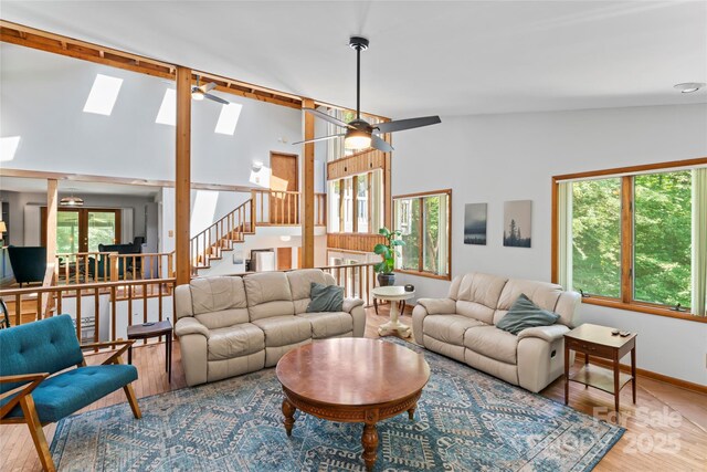6724 Riverfront Dr, Charlotte, NC 28216 - living room with a skylight, plenty of natural light, a ceiling fan, lofted ceiling, and wood finished floors