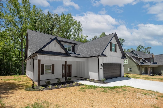 5005 Oconee Dr, Stanley, NC 28164 - modern farmhouse style home featuring a porch, driveway, a front yard, and roof with shingles