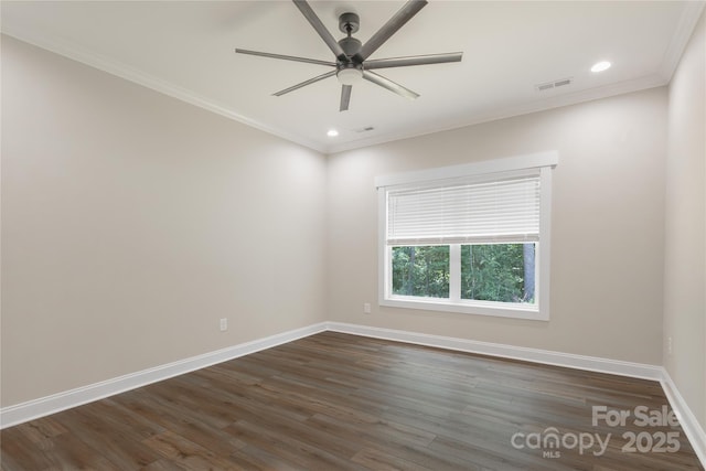 5005 Oconee Dr, Stanley, NC 28164 - unfurnished room with a ceiling fan, dark wood finished floors, ornamental molding, and recessed lighting
