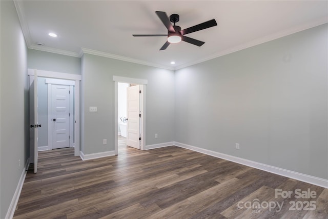 5009 Oconee Dr, Stanley, NC 28164 - unfurnished bedroom with dark wood-style flooring, ornamental molding, recessed lighting, connected bathroom, and a ceiling fan
