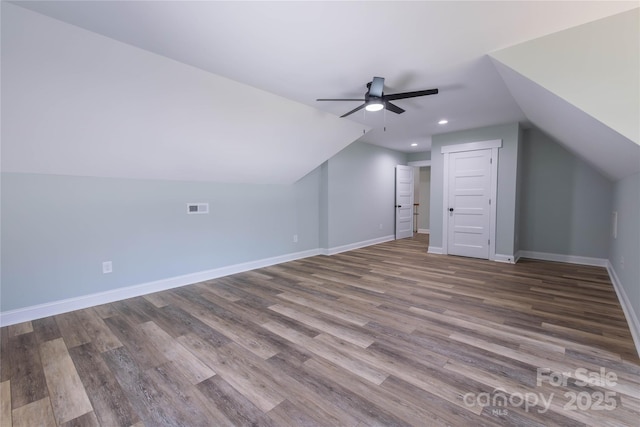 5009 Oconee Dr, Stanley, NC 28164 - bonus room featuring a ceiling fan, vaulted ceiling, wood finished floors, and recessed lighting