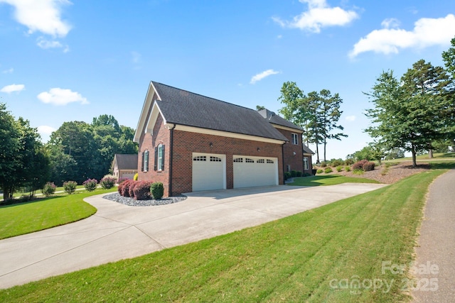 120 Cheyenne Ln, Statesville, NC 28677 - view of side of home featuring brick siding, driveway, an attached garage, a lawn, and a shingled roof