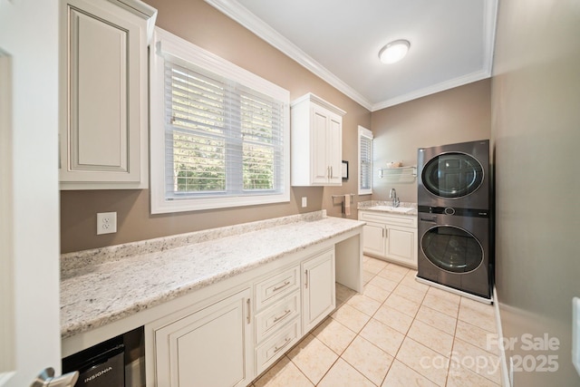 120 Cheyenne Ln, Statesville, NC 28677 - washroom featuring stacked washing machine and dryer, crown molding, light tile patterned floors, cabinet space, and wine cooler