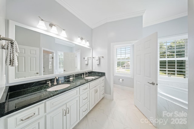 120 Cheyenne Ln, Statesville, NC 28677 - full bathroom featuring marble look tile flooring, double vanity, ornamental molding, a bath, and a shower stall