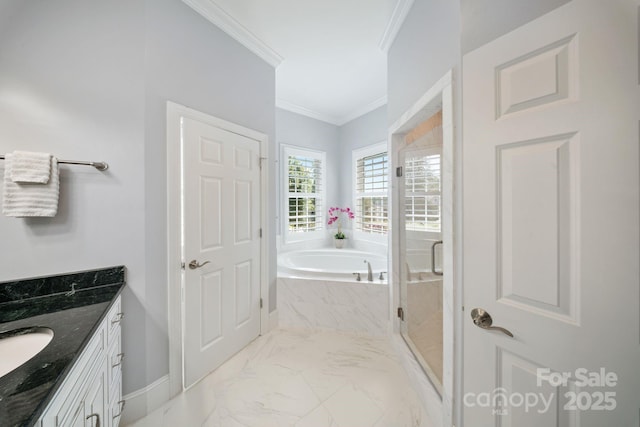 120 Cheyenne Ln, Statesville, NC 28677 - full bath featuring marble look tile flooring, a bath, vanity, ornamental molding, and a stall shower