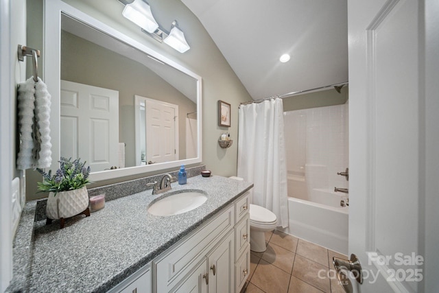120 Cheyenne Ln, Statesville, NC 28677 - bathroom with vanity, tile patterned flooring, shower / bathtub combination with curtain, and vaulted ceiling