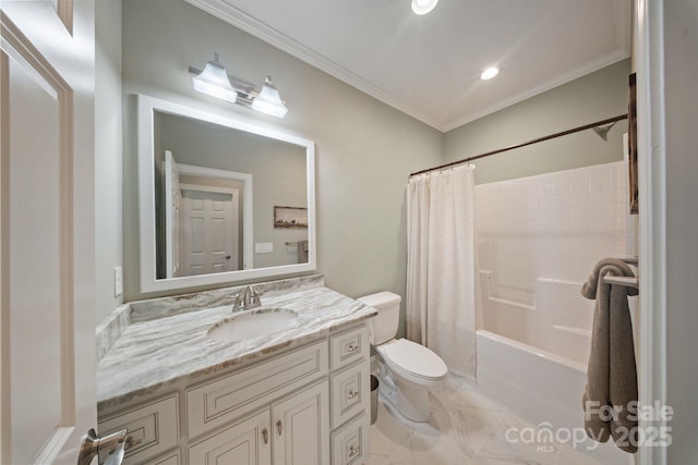 120 Cheyenne Ln, Statesville, NC 28677 - bathroom featuring crown molding, vanity, shower / tub combo with curtain, recessed lighting, and marble finish flooring