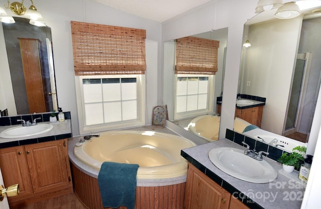 1924 Junction Rd, Mocksville, NC 27028 - bathroom with two vanities, a bath, lofted ceiling, and wood finished floors