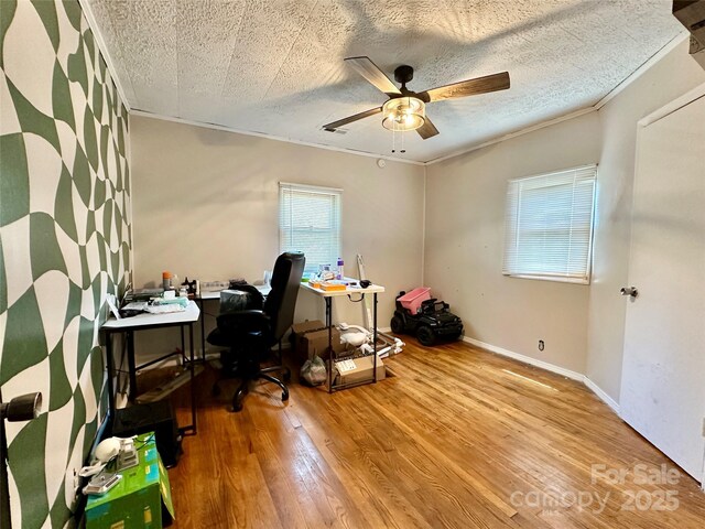 4207 Peach Orchard Rd, Granite Falls, NC 28630 - office area featuring ceiling fan, wood finished floors, and ornamental molding