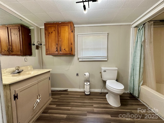 4207 Peach Orchard Rd, Granite Falls, NC 28630 - bathroom featuring vanity, wood finished floors, and shower / tub combo with curtain