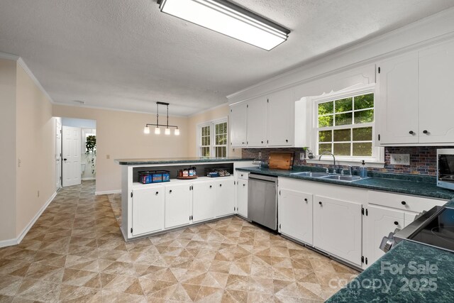 586 Crestside Dr SE, Concord, NC 28025 - kitchen with stainless steel dishwasher, a peninsula, decorative backsplash, white cabinets, and ornamental molding