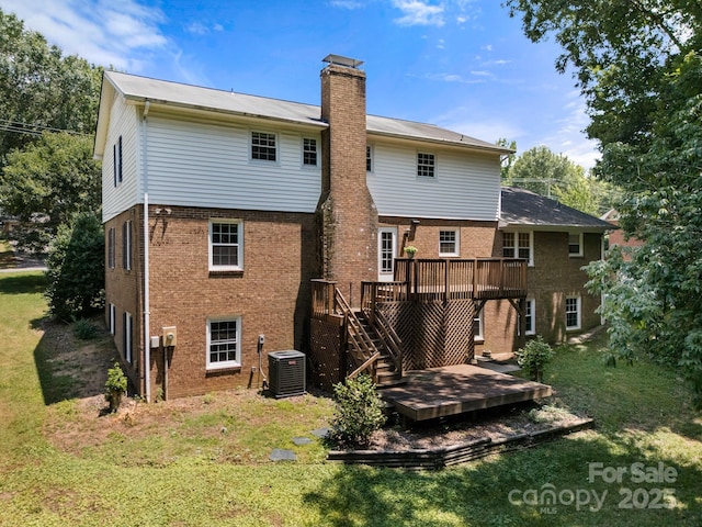 586 Crestside Dr SE, Concord, NC 28025 - rear view of house with brick siding, a wooden deck, a chimney, stairs, and a lawn