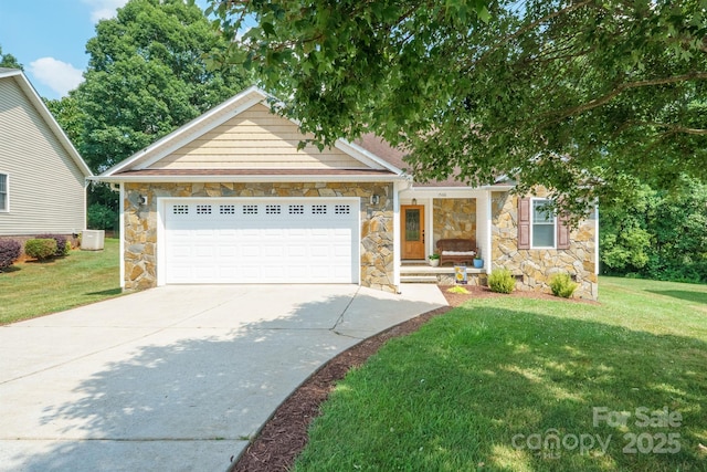 1566 Mayfair Dr, Conover, NC 28613 - view of front facade with stone siding, concrete driveway, a front yard, an attached garage, and covered porch