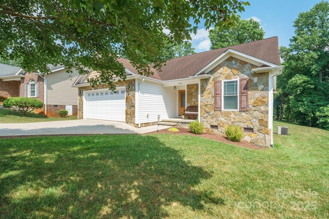 1566 Mayfair Dr, Conover, NC 28613 - single story home featuring stone siding, an attached garage, driveway, a porch, and a front yard
