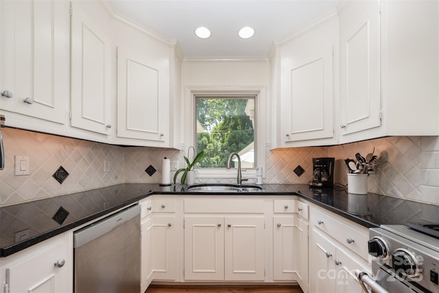 7119 Folger Dr, Charlotte, NC 28270 - kitchen featuring stainless steel dishwasher, white cabinets, backsplash, and ornamental molding