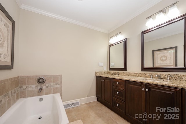 7119 Folger Dr, Charlotte, NC 28270 - bathroom with double vanity, a bath, ornamental molding, and tile patterned floors
