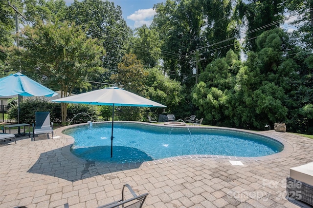 7119 Folger Dr, Charlotte, NC 28270 - swimming pool featuring a patio and view of wooded area