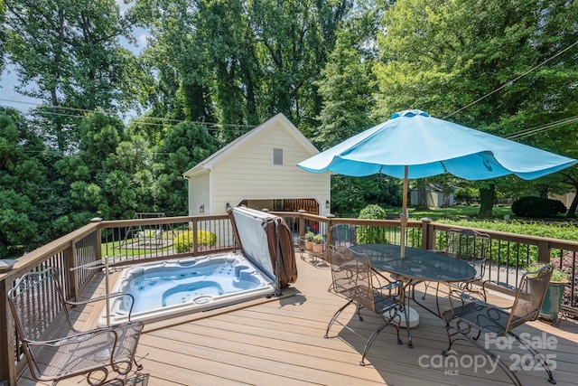 7119 Folger Dr, Charlotte, NC 28270 - deck featuring a covered hot tub, outdoor dining area, and view of scattered trees