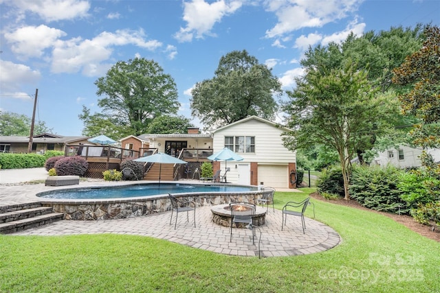 7119 Folger Dr, Charlotte, NC 28270 - swimming pool with a wooden deck and an outdoor fire pit