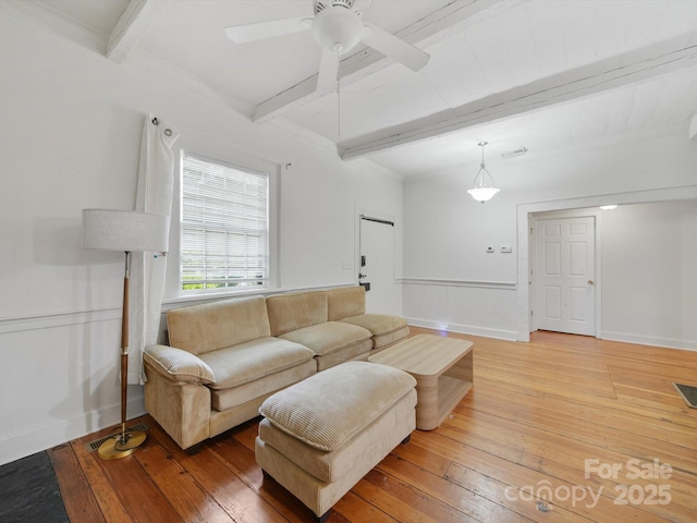 105 Edgewood Cir NE, Concord, NC 28025 - living area featuring beamed ceiling, light wood-style flooring, and ceiling fan