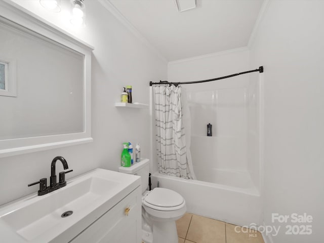 105 Edgewood Cir NE, Concord, NC 28025 - bathroom featuring ornamental molding, vanity, shower / bathtub combination with curtain, and tile patterned flooring