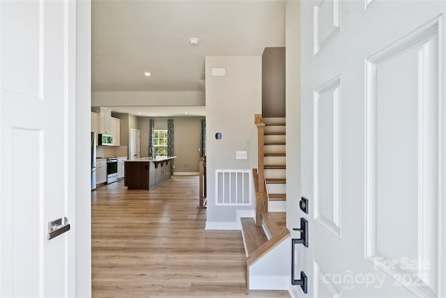 342 Cramerton Mills Parkway, Cramerton, NC 28032 - entryway with light wood-style floors, stairway, and recessed lighting