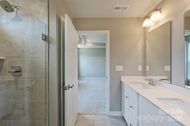 342 Cramerton Mills Parkway, Cramerton, NC 28032 - bathroom with double vanity, a stall shower, and tile patterned flooring