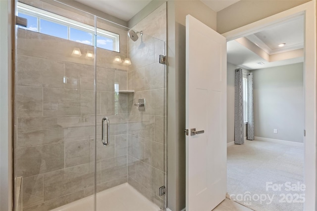 342 Cramerton Mills Parkway, Cramerton, NC 28032 - full bathroom featuring a stall shower and a raised ceiling