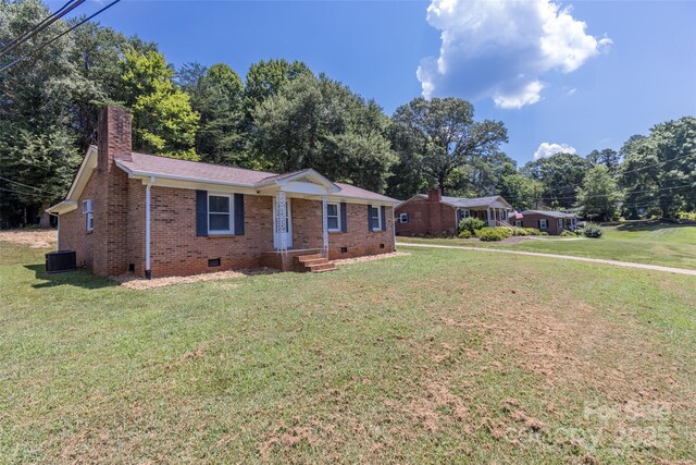 120 Lafayette Rd, Stanley, NC 28164 - ranch-style home featuring crawl space, a chimney, a front yard, and brick siding