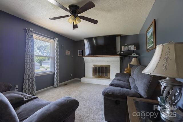 120 Lafayette Rd, Stanley, NC 28164 - living area featuring carpet, a textured ceiling, ceiling fan, and a brick fireplace