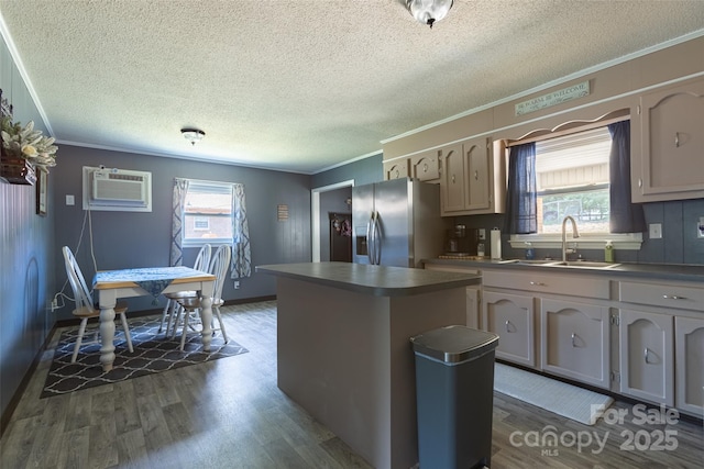 120 Lafayette Rd, Stanley, NC 28164 - kitchen featuring stainless steel fridge, crown molding, a wall mounted air conditioner, dark wood-style floors, and a textured ceiling