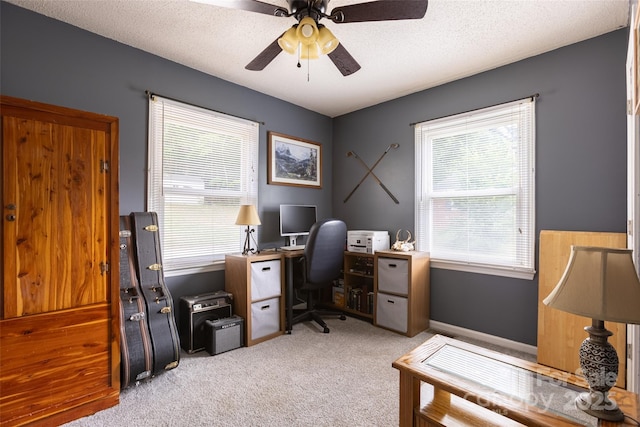 120 Lafayette Rd, Stanley, NC 28164 - office area with light colored carpet, healthy amount of natural light, ceiling fan, and a textured ceiling