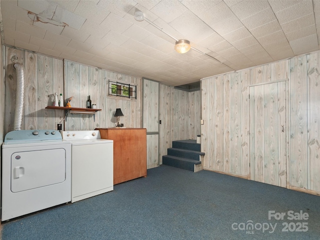 250 Turkey Pen Rd, Franklin, NC 28734 - finished below grade area featuring independent washer and dryer, wood walls, carpet floors, and stairway