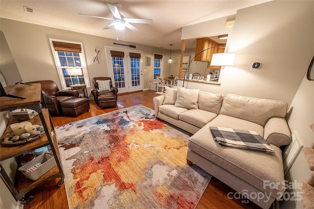 696 Springwood Dr, Mount Gilead, NC 27306 - living room with french doors, ceiling fan, and wood finished floors