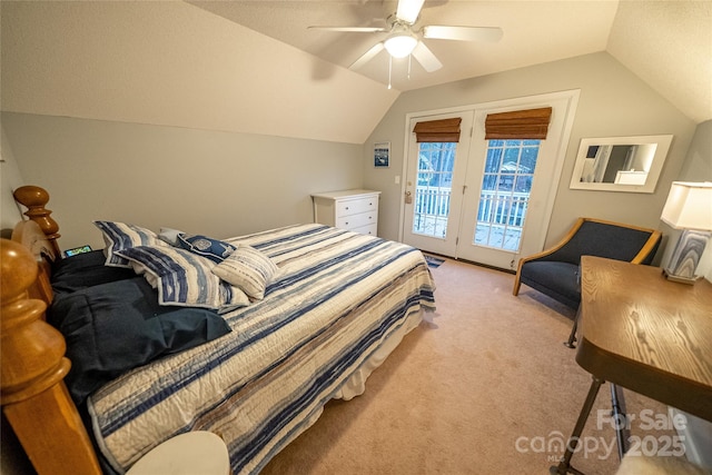 696 Springwood Dr, Mount Gilead, NC 27306 - bedroom with access to exterior, lofted ceiling, light carpet, and a ceiling fan