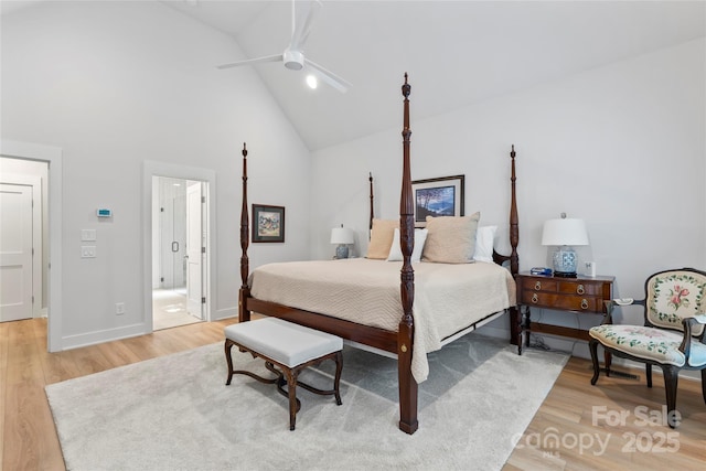 2866 Backwoods Trl, Denver, NC 28037 - bedroom with high vaulted ceiling, light wood-style floors, and ceiling fan