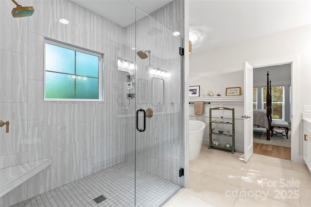 2866 Backwoods Trl, Denver, NC 28037 - ensuite bathroom with a stall shower, tile patterned flooring, and a freestanding bath