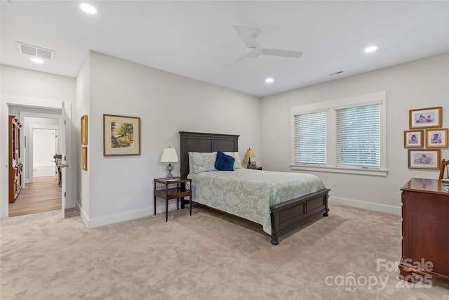 2866 Backwoods Trl, Denver, NC 28037 - bedroom featuring light carpet, recessed lighting, and a ceiling fan