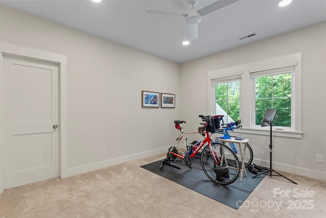 2866 Backwoods Trl, Denver, NC 28037 - workout area with a ceiling fan, recessed lighting, and carpet flooring