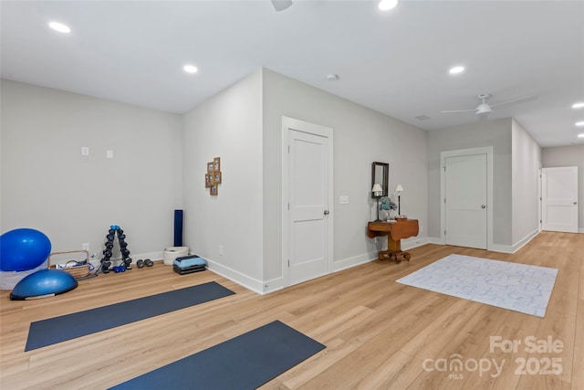 2866 Backwoods Trl, Denver, NC 28037 - exercise area with wood finished floors, recessed lighting, and ceiling fan