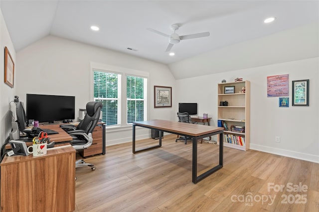 2866 Backwoods Trl, Denver, NC 28037 - home office with lofted ceiling, ceiling fan, light wood-style flooring, and recessed lighting