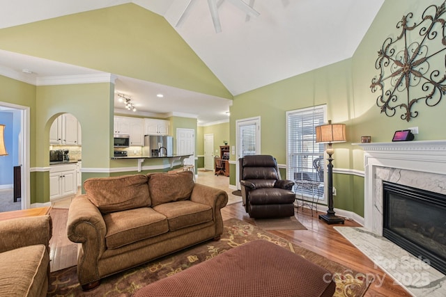 3865 Willow Grove Ln, Concord, NC 28025 - living room featuring ornamental molding, a high end fireplace, light wood finished floors, and high vaulted ceiling