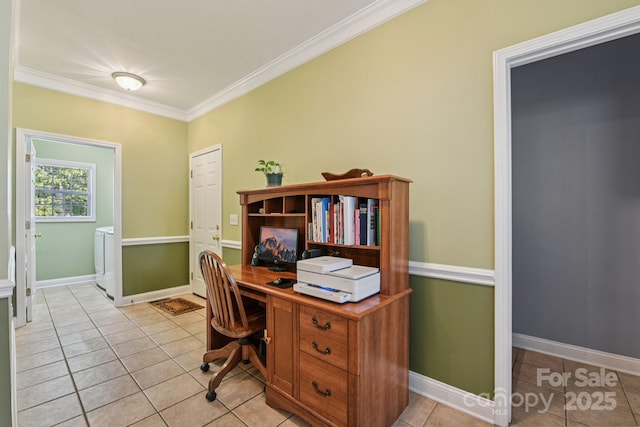 3865 Willow Grove Ln, Concord, NC 28025 - office featuring light tile patterned floors, crown molding, and washer / clothes dryer