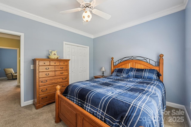 3865 Willow Grove Ln, Concord, NC 28025 - bedroom with light carpet, ornamental molding, a closet, and a ceiling fan