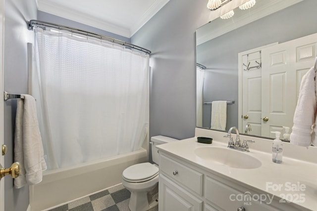 3865 Willow Grove Ln, Concord, NC 28025 - bathroom with vanity, shower / bathtub combination with curtain, ornamental molding, and tile patterned floors