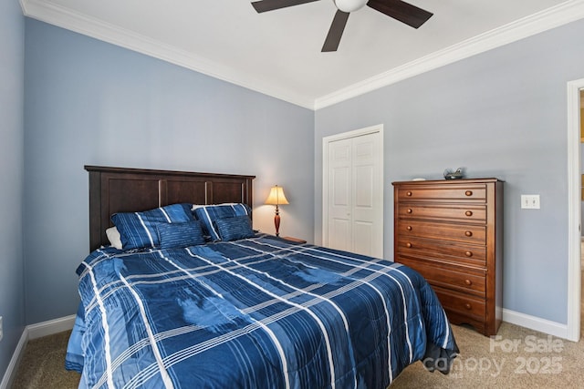 3865 Willow Grove Ln, Concord, NC 28025 - bedroom with light carpet, crown molding, a ceiling fan, and a closet
