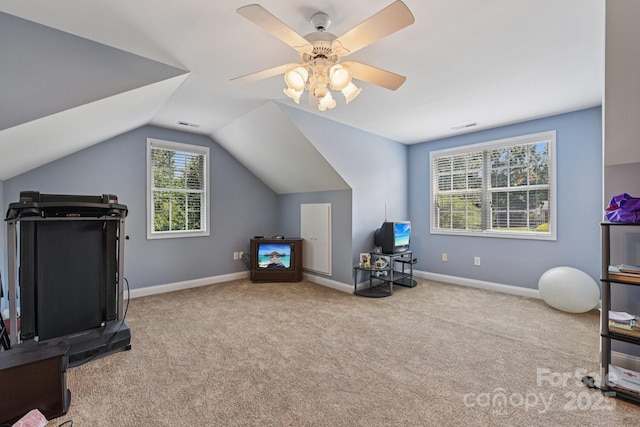 3865 Willow Grove Ln, Concord, NC 28025 - exercise room with carpet flooring, lofted ceiling, and ceiling fan